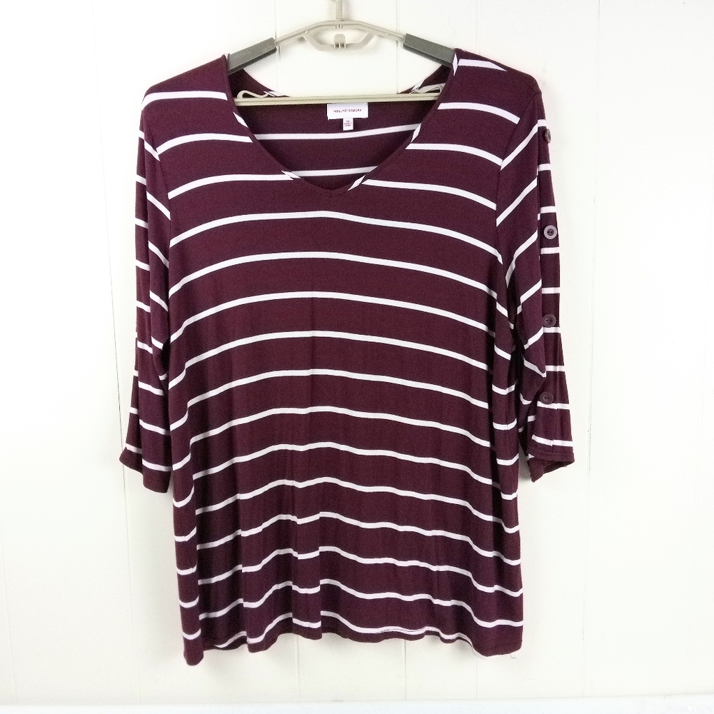 Molly Isadora Striped Long Sleeve Top 2X Burgundy Tunic Popover Layering Tee